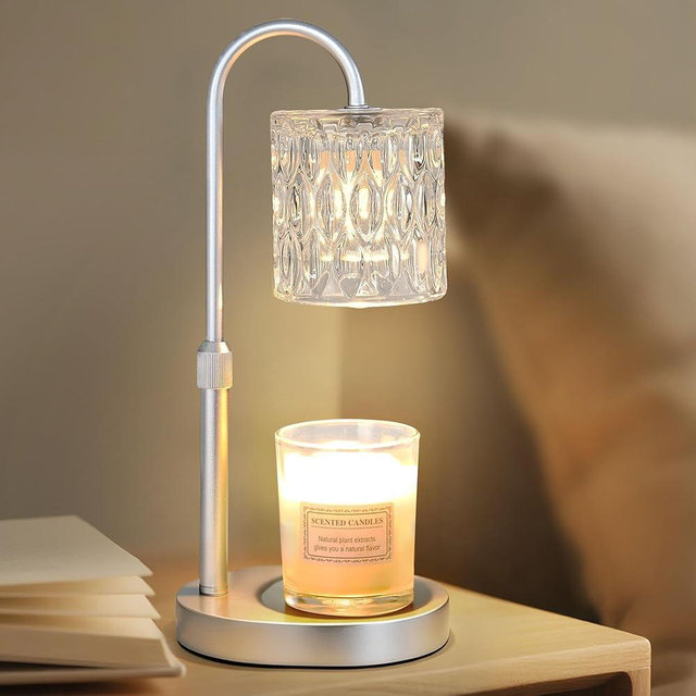 Dreamholder Electric Candle Warmer Lamp with Timer & Dimmer, Adjustable Height Wax Melt Warmer for Jar Candles, Wood Base Candle Melter, Floral Home Decor Gifts for Women, Mom, Silver Glass