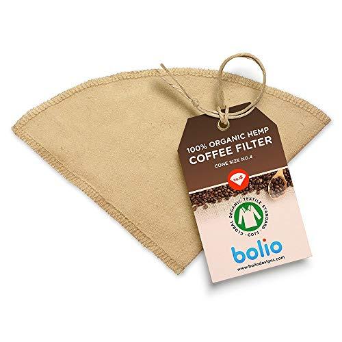 Organic Hemp Cone Coffee Filter Reusable and Great for Making Smooth Natural Tasting Pour Over Coffee Eco-Friendly Bacteria Resistant Material Suit with Bolio Chemex Coffee Gator Carafe (No.4, 1-pack)