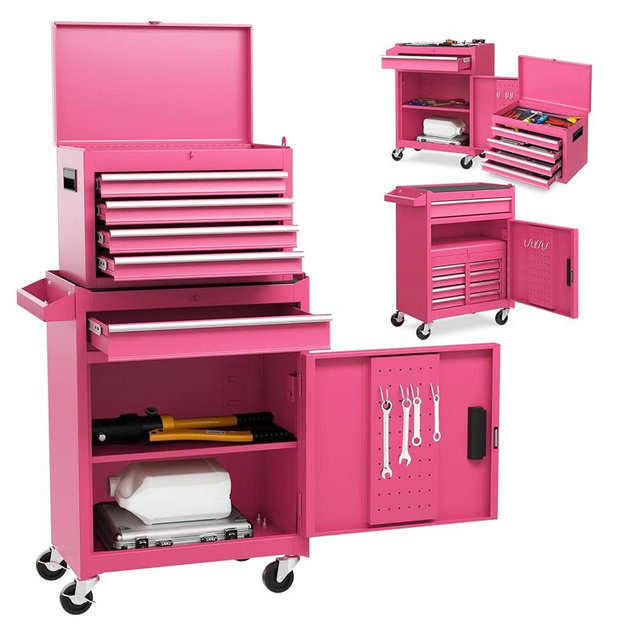 Goplus Pink Tool Chest, 5 Drawers Rolling Tool Cabinet w/Detachable Top Toolbox, Universal Lockable Wheels,Lock Bar,Protective Liner,Tool Rack, Metal Tool Storage Cart, Tool Box for Garage Workshop