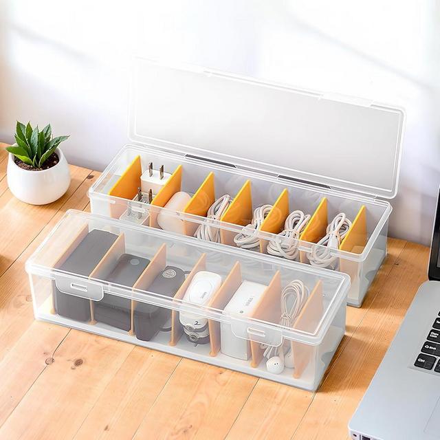 PAVSTINE 2 Pack Clear Cable Organizer Box with Lid, Plastic Charger Cable Cord Storage Organizer, Office Desk Organizers, Multifunctional Accessories Storage for Home Drawer Office, Stackable