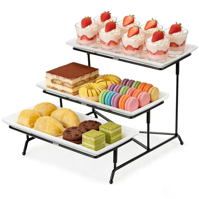 Farielyn-X 3 Tier Serving Tray, 12" White Plastic Tiered Food Serving Platters, Reusable Tray Stand Black Collapsible Metal Stand with Stable Cross Bars, Party Display Stands for Veggie Fruit, Dessert