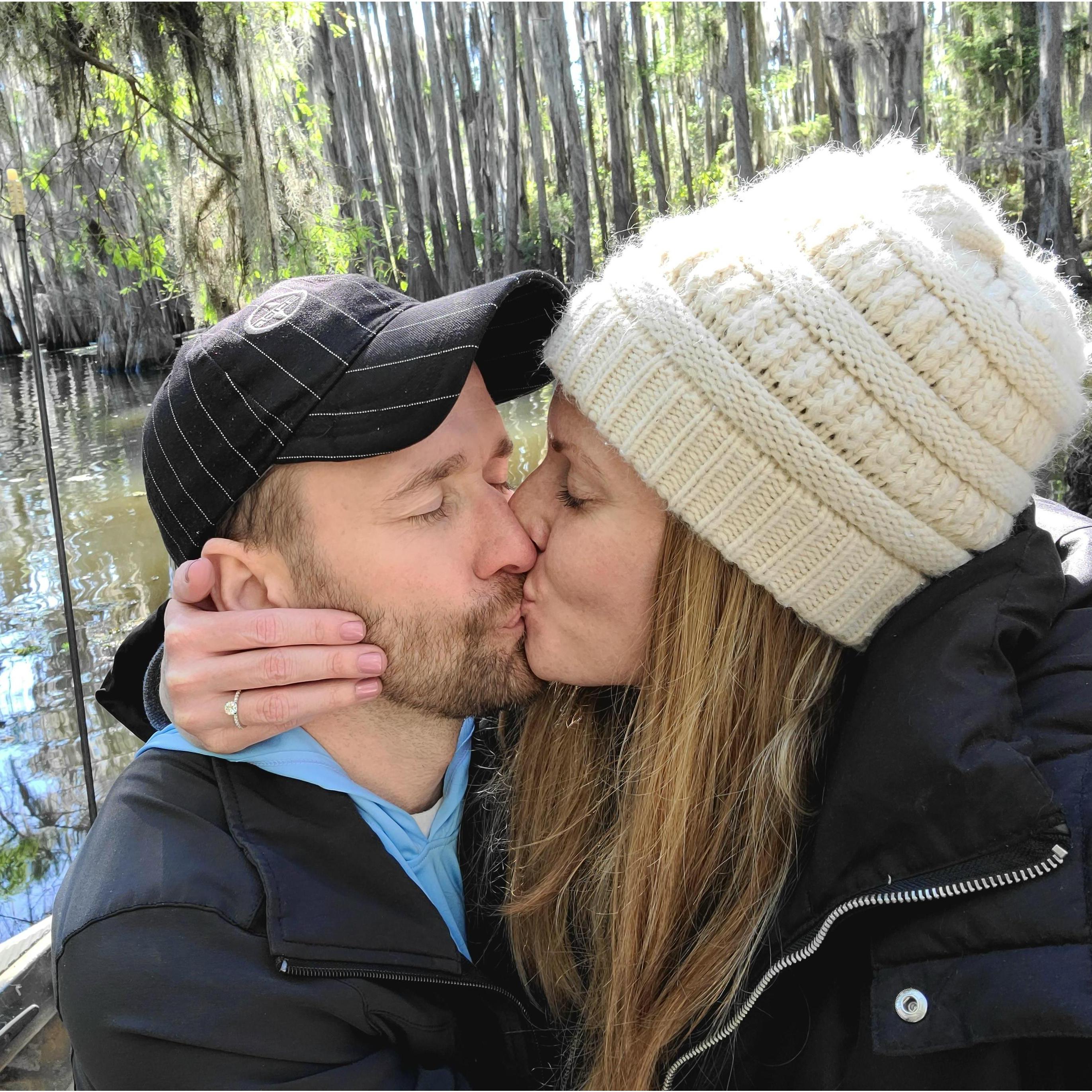 Moments after Henry proposed to Kristen at Caddo Lake, October 31, 2020