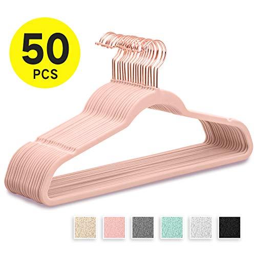 Premium Velvet Hangers Rose Gold Swivel Hooks - Felt Hangers-HeavyDuty Non Slip Sturdy Suit Hangers-Space Saving Clothes Hangers 50 Pack for Skirts Coats (Blush Pink/Rose)