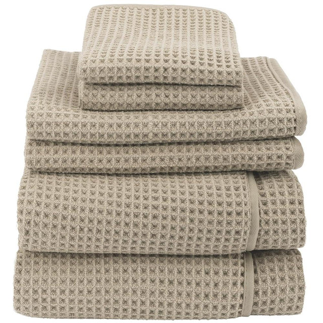 S&T INC. Aura Microfiber Waffle Towel Set, 6 Piece Set, Quick-Dry, Lightweight Bath Towels, Wash Cloths and Hand Towels for Bathroom, Kitchen, and Home, 420 GSM, Beige