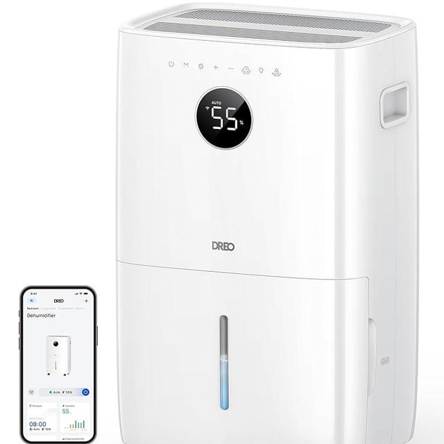 Dreo 110-Pint Smart Dehumidifier for Basement, 4500 Ft² for Large Room, 2 Gallon Water Tank, Auto/Comfort/Constant Mode Dehumidifiers for Home, Bedroom, Bathroom, with Drain Hose, White, 711S