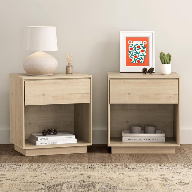 EYYTHUNG Modern End Side Table Set of 2, 18" Wood Nightstand with Storage and Open Shelf, Farmhouse Boho Bedside Table Accent Night Stand for Bedroom, Light Oak