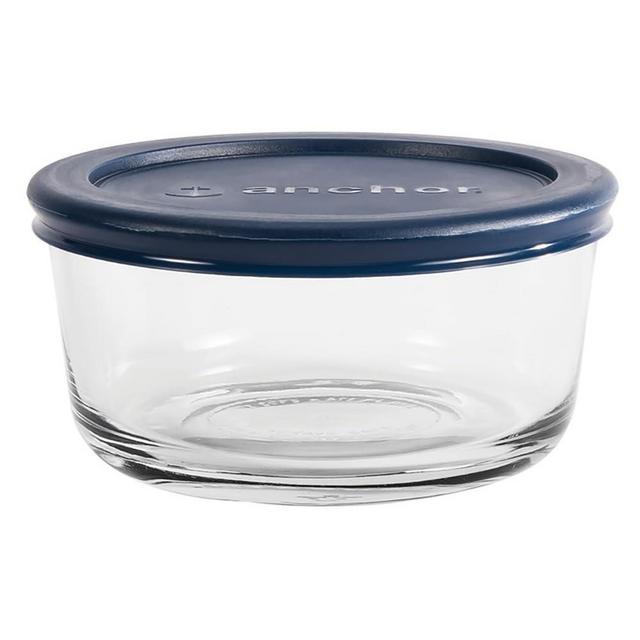 Anchor Hocking 2 Cup Glass Storage Containers with Lids, Set of 4 Glass Food Storage Containers with Navy SnugFit Lids