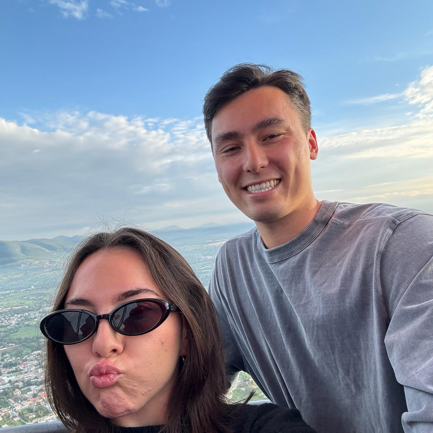 in the air on the hot air balloon and we were both very scared lol