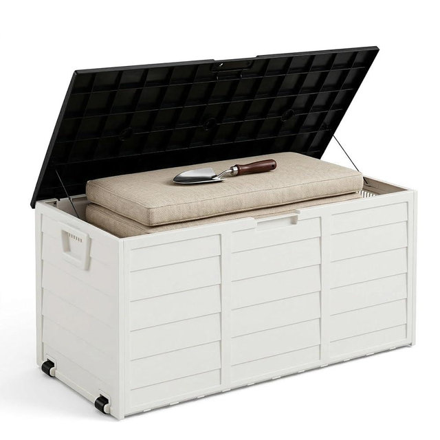 75 Gallon Outdoor Storage Box, 260L Waterproof Resin Deck Box for Patio Furniture Cushions, Garden Tools and Yard Accessories, Lockable Storage Chest with Wheels and Handles (Black+White)