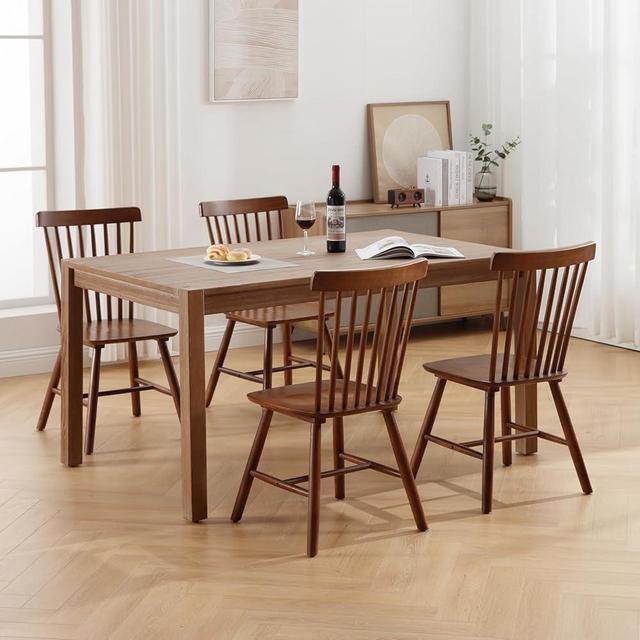 Janoray Farmhouse Style Windsor Chairs Set of 4, Vintage Kitchen & Dining Room Chairs with Spindle Back, Comfy Armless Solid Wood Side Chair for Home/Living Room/Restaurant, Walnut Wood
