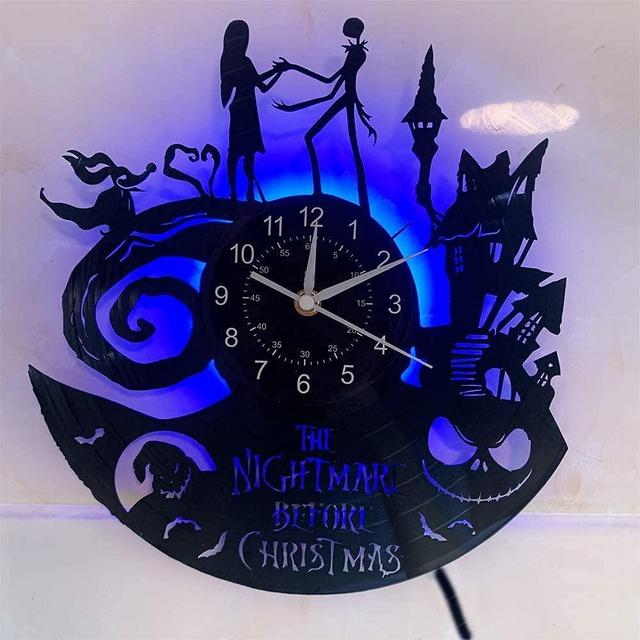 The Nightmare Before Christmas Vinyl Record Wall Clock Creative with 7-Color Glowing Night Light Music Clock 12 Inches Handmade Interior Home Decor Gifts for Children and Friends