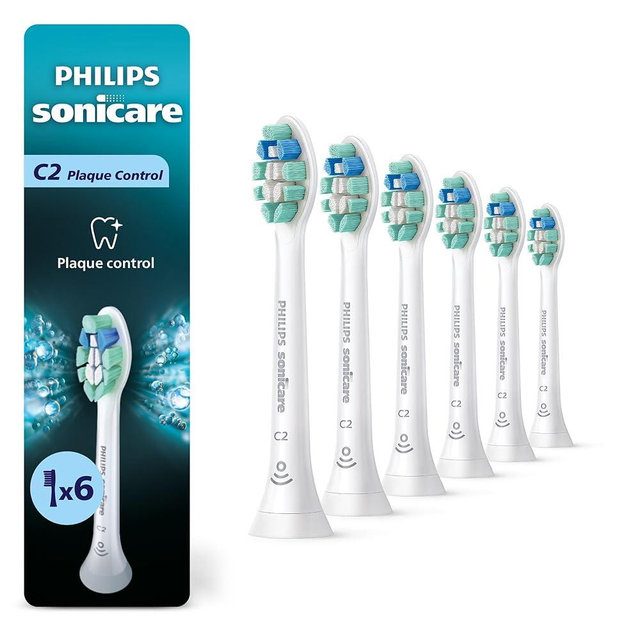 Philips Sonicare C2 Plaque Control - Genuine Replacement Electric Toothbrush Heads, White, 6 Pack Up to 18 Month Supply, HX9026/77