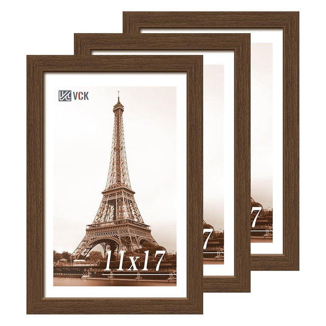 VCK 11x17 Picture Frame 3 Pack, Brown Wood Poster Frame with Exclusive Wood Grain, Wall Mounting Hanging