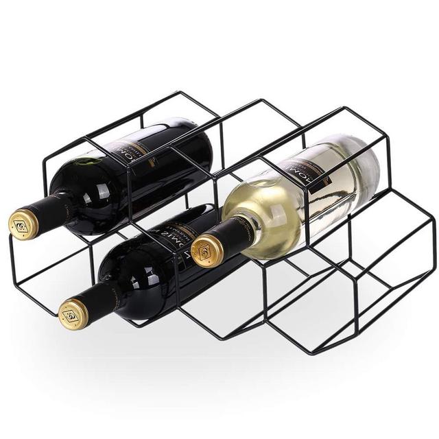 STRAWBLEAG Metal Wine Rack, 9 Bottles Countertop Free Standing Metal Tabletop Wine Holder, Geometric Design Wine Bottles Storage Stand (Black)
