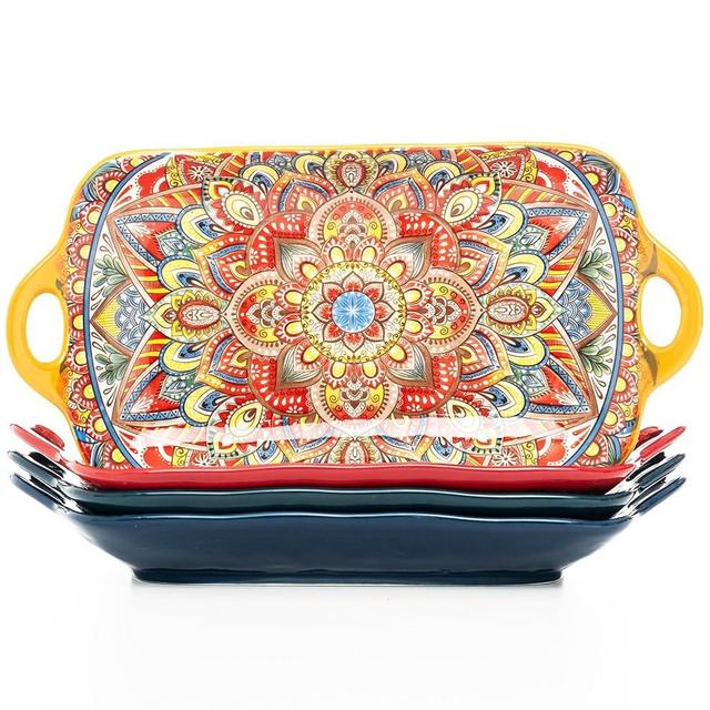 Boho Ceramic Serving Platters with Handles Set of 4, 12Inch Large Serving Dishes for Entertaining, Colorful Cute Porcelain Serving Plates for Sandwich, Appetizer, Fruit, Microwave Oven Safe Mix-color