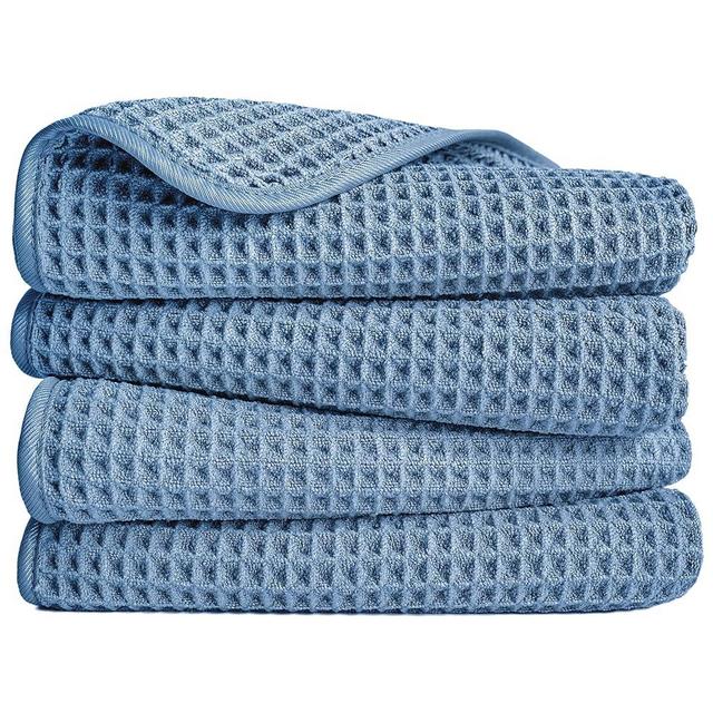 POLYTE Microfiber Lint Free Hand Towel, 16 x 30 in, 4 Pack (Blue, Waffle Weave)