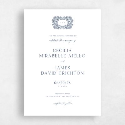 Blue Floral Wedding Invitation - Caleania Classic Letterpress