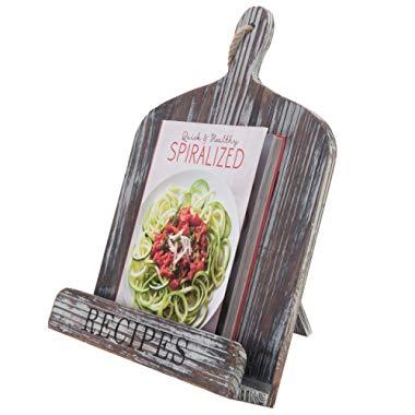 MyGift Torched Wood Cutting Board Design Recipes Cookbook Holder with Kickstand