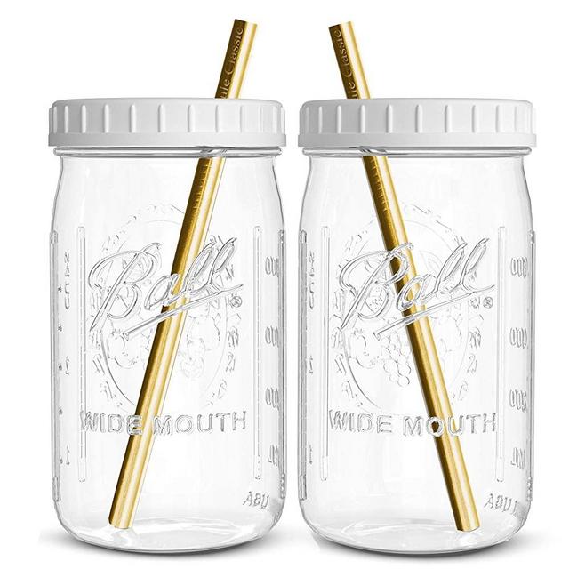 Reusable Wide Mouth Smoothie Cups Boba Tea Cups Bubble Tea Cups with Lids and Gold Straws Ball Mason Jars Glass Cups (2-pack, 32 oz mason jars) Brand Capsule Classic