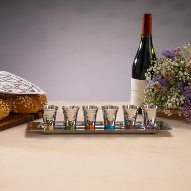 Yair Emanuel Modern Kiddush Cup Set with Tray - Modern Kiddush Set with Colored Rings - Set of 6