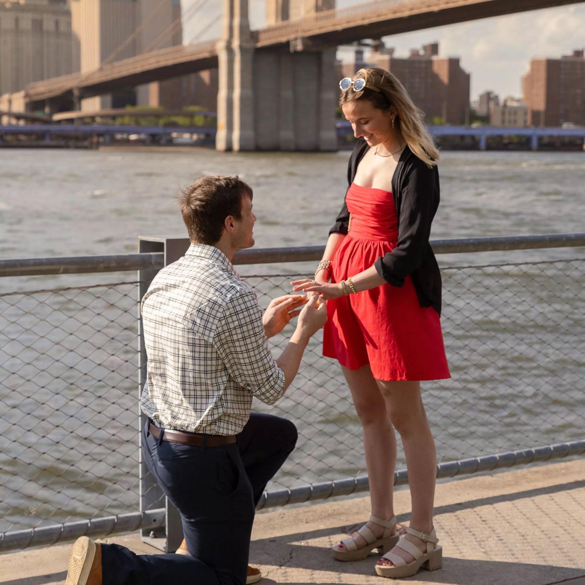 Thomas surprised Julia with a birthday trip to New York, and right before sunset, he got down on one knee. She said yes!
