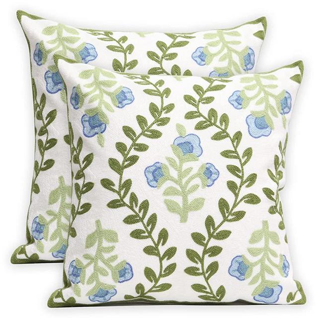 Pilmandu Set of 2 Embroidered Decorative Throw Pillow Covers Couch Square Pillowcases Cushion for Bedroom Sofa Farmhouse Decor 18x18 Inch (Blue Floral)