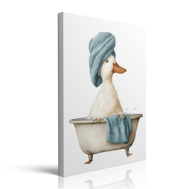 Duck in Bathtub Canvas Wall Art Framed Print Funny Animal Bathroom Wall Decor Artwork Poster Whimsical Pastel Blue Towel Bubbles for Bathroom Nursery Kids Room Humorous Decor 12x16 Inches