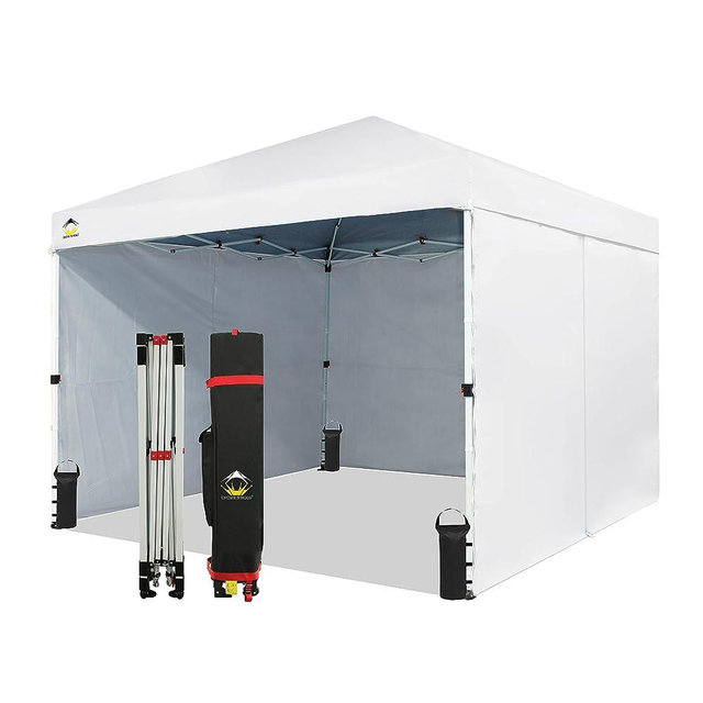 CROWN SHADES 10X10 Comercial Instant Canopy Pop Up Tent with Center Lock (10x10 with 4 Sidewalls, White)