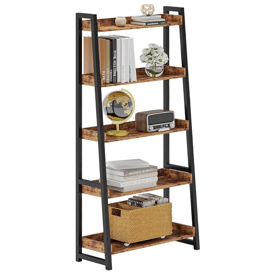 IRONCK Industrial Bookshelf 5-Tier 31.5 in Wide, Bookcase Ladder Shelf, Storage Shelves Rack Shelf Unit, Accent Furniture Metal Frame, Home Office Furniture for Bathroom, Living Room