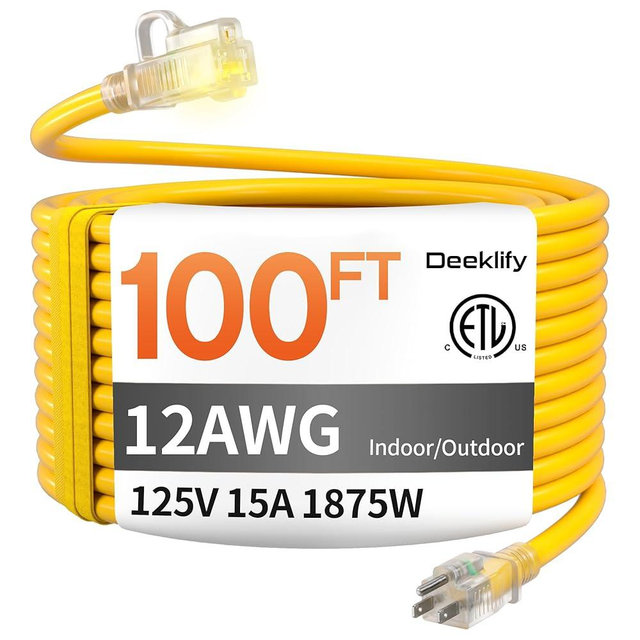 12 Gauge 100 FT Heavy Duty Outdoor Extension Cord Waterproof with Lighted End,Yellow 12 Gauge Extension Cord Flexible and Cold Resistant 3 Prong Grounded Plug,15Amp 1875W SJTW ETL Listed