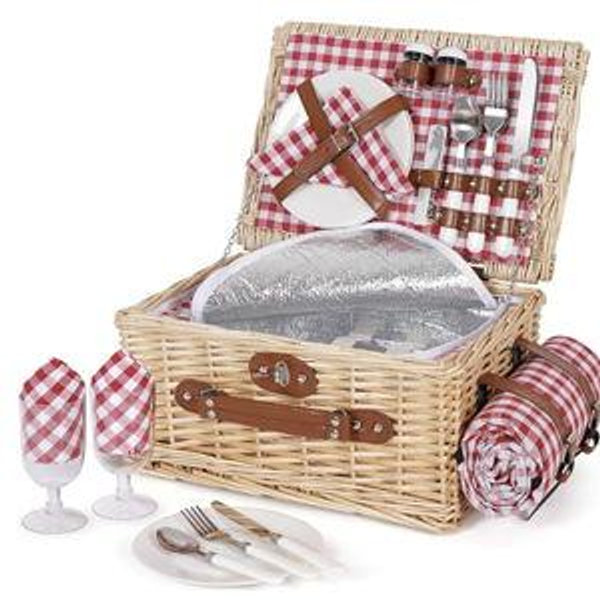 HappyPicnic Picnic Basket Set for 2 - Wicker Picnic Basket with Waterproof Blanket & Insulated Liner, Large Handmade Willow Hamper with Cutlery Kit for Outdoor, Picnic, Camping, Party, Holidays (Blue)