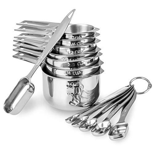 13-piece Measuring Cups and Spoons Set, 18/8 Stainless Steel Heavy Duty Ergonomic Handle with Ring Connector