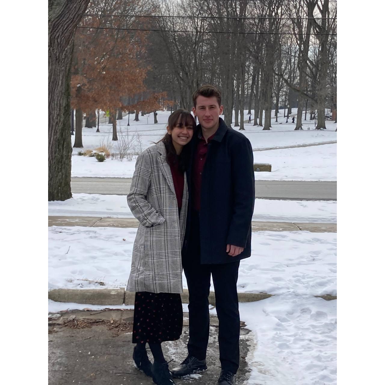 A snowy post-mass picture, sophomore year at Hillsdale