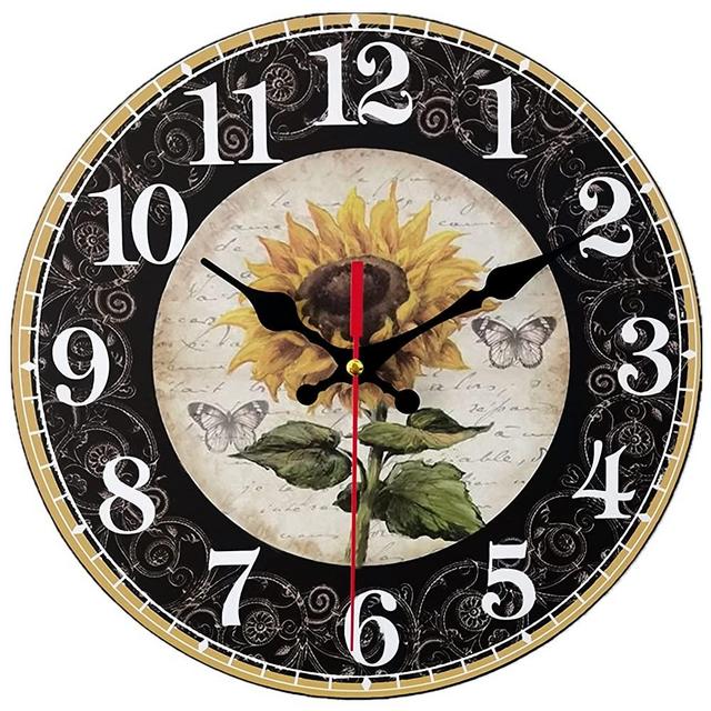 Qukueoy 10 Inch Sunflower Kitchen Wall Clock Rustic Farmhouse Clocks, Thick Wood Home Decor Clock for Bedroom, Office, Dinning Room, Silent Battery Operated (Black)