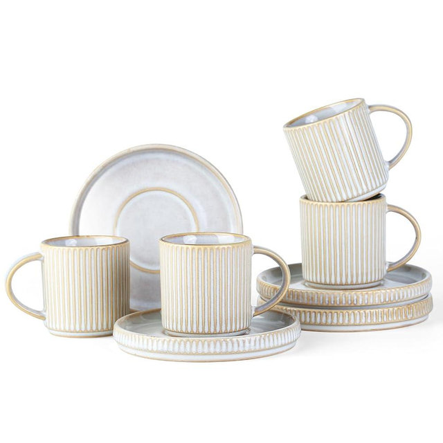 famiware Star Espresso Cups and Saucers Set of 4, 3 oz Ceramic Small Coffee Mug with Handle, Ribbed Stoneware Demitasse Cup for Cappuccino, Tea, Latte - Microwave & Dishwasher Safe - Cappuccino White