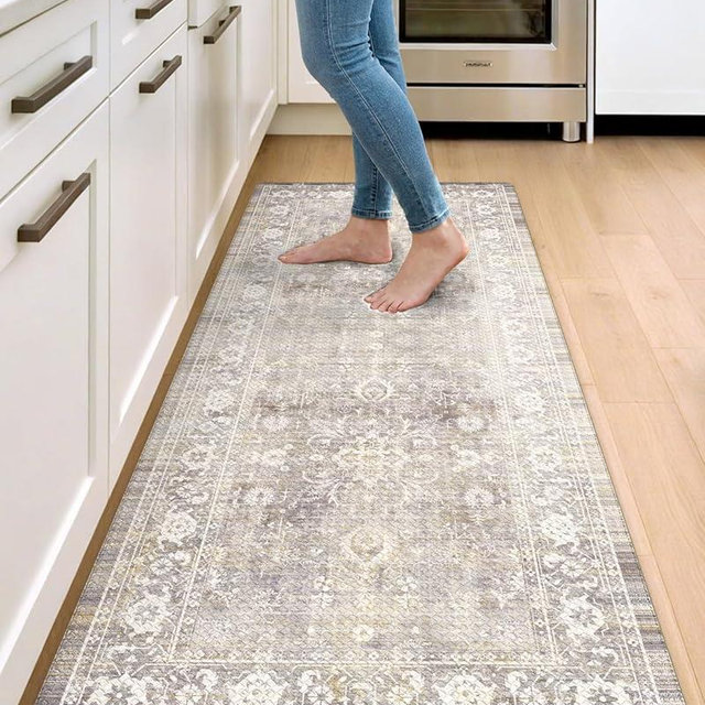 DEXI Kitchen Floor Mats Cushioned Anti Fatigue, 23x59 Long Wide Standing Comfort Runner Rug, Waterproof Retro Floral Memory Foam Padded for Front Sink Laundry, Beige Grey