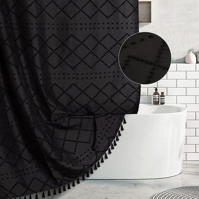 Siiluminisoy Boho Black Textured Shower Curtain with Tassels 72 x 72 Tufted Chevron Striped Chenille Woven Fabric Cloth Shower Curtain Modern Farmhouse Minimalist, Shabby Chic Home Decor for Bathroom
