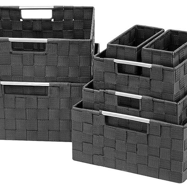 Sorbus Storage Box Woven Basket Bin Container Tote Cube Organizer Set Stackable Storage Basket Woven Strap Shelf Organizer Built-in Carry Handles (7 Piece - Grey)