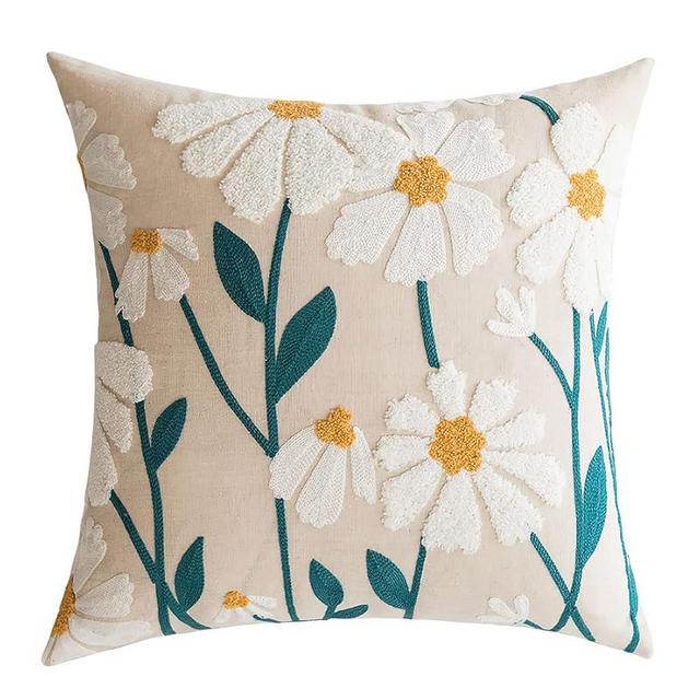 vctops Boho Floral Tufted Decorative Throw Pillow Cover Botanical Embroidered Cotton Cushion Cover for Couch Sofa Bed (Flower E,18"x18")