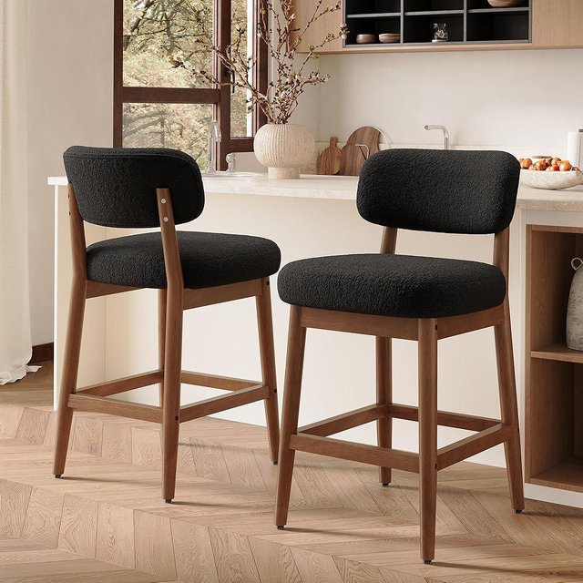 Daluvenix Counter Height Bar Stools Set of 2, Mid-Century Modern Boucle Bar Chairs with Solid Wood Frame, Upholstered Stools with Backrest for Kitchen Island, Home Bar, Charcoal Black