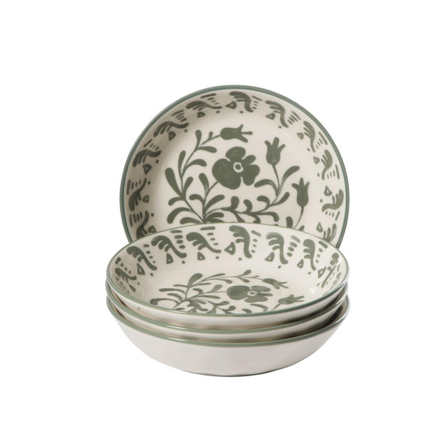 Bloomhouse - 2-Time Oprah’s Favorite Things - 4 Piece Dinner Bowl Set, 8” Stoneware Pasta Bowls, Floral Design, Dishwasher Safe - Fern Green