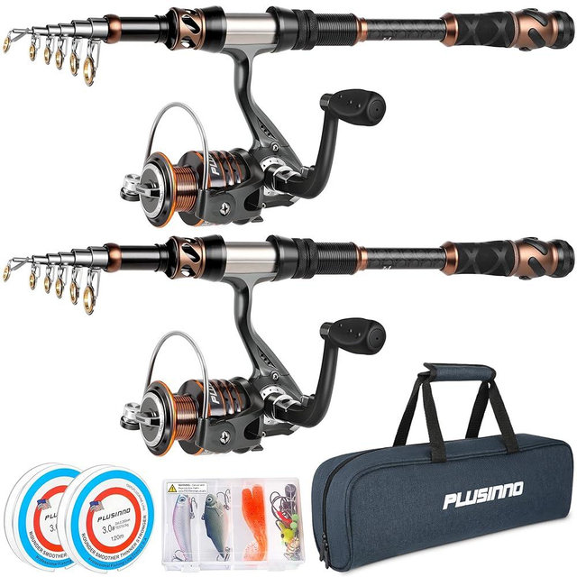PLUSINNO Fishing Rod and Reel Combos - Carbon Fiber Telescopic Fishing Pole - Spinning Reel 12 +1 Shielded Bearings Stainless Steel BB