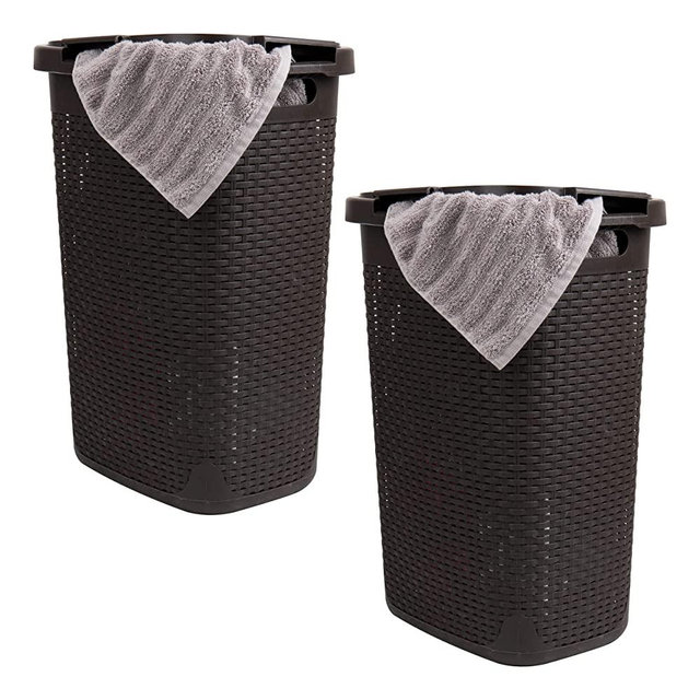 Mind Reader Basket Collection, Slim Laundry Hamper, 60 Liter (15g/33lbs) Capacity, Cut Out Handles, Attached Hinged Lid, Ventilated, Set of 2, Brown