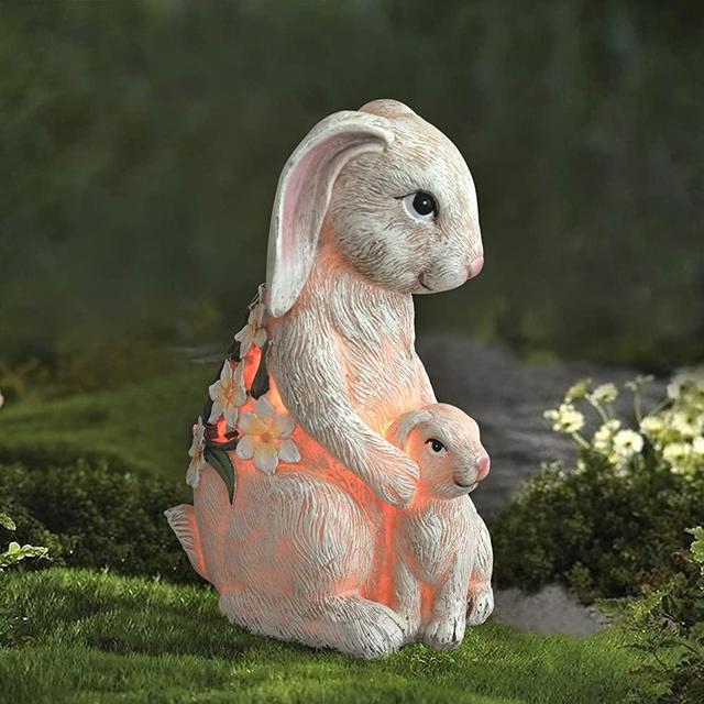 Garden Statue Bunny Figurine - Mom & Baby Rabbit with Solar Color Changing LED Lights for Outdoor Indoor Fall Decoration, Patio Yard Lawn Ornament