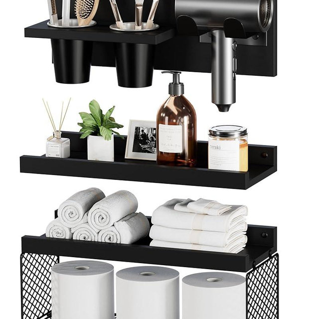 Puricon Floating Bathroom Shelves with Hair Dryer Holder, 3-Tier Rustic Wood Wall Mounted Organizers Set, Space Saving Over-Toilet Storage and Home Decor Hanging Rack -Black