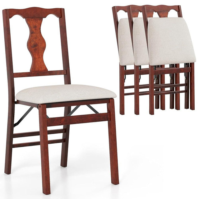 KOTEK Folding Dining Chairs Set of 4, Wooden Kitchen Chairs with Linen Fabric Cushioned Seat, Foldable Armless Side Chairs for Dining Room, Living Room