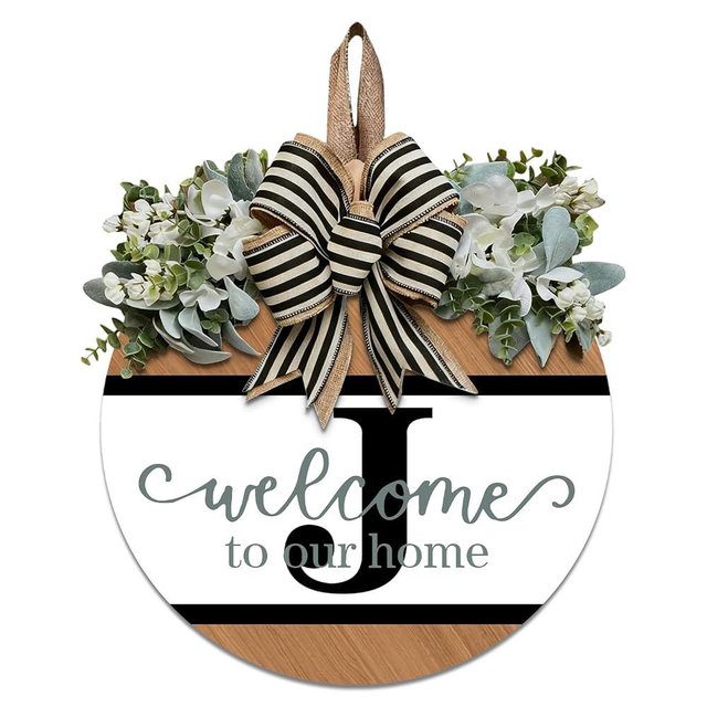 Last Name Round Front Door Wreath Decor for All Seasons, 26 Initial Letter Wreaths for Front Door Porch Welcome Garland and Eucalyptus Hanging Gift for Farmhouse Welcome Sign (J)