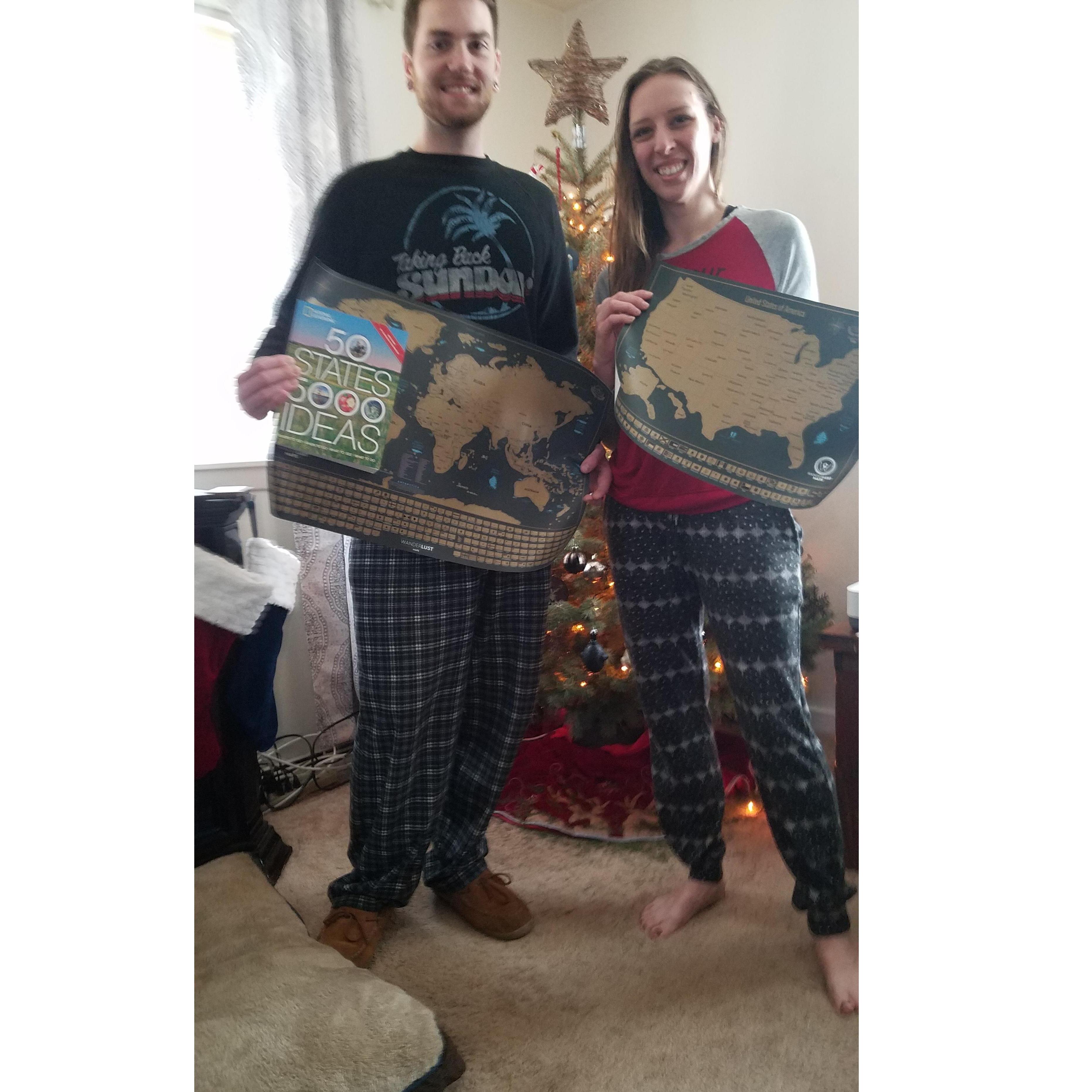 "Santa" got us this scratch off map and travel book for our future adventures together!