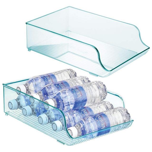 mDesign Wide Plastic Kitchen Water Bottle Storage Organizer Tray Rack - Holder and Dispenser for Refrigerators, Freezers, Cabinets, Pantry, Garage - 2 Pack - Sea Blue
