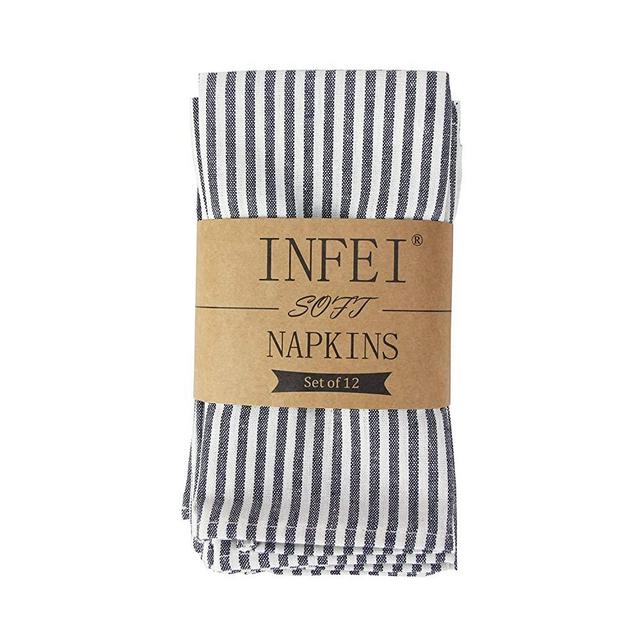 INFEI Soft Plain Striped Linen Cotton Dinner Cloth Napkins - Set of 12 (40 x 30 cm) - for Events & Home Use (Black)